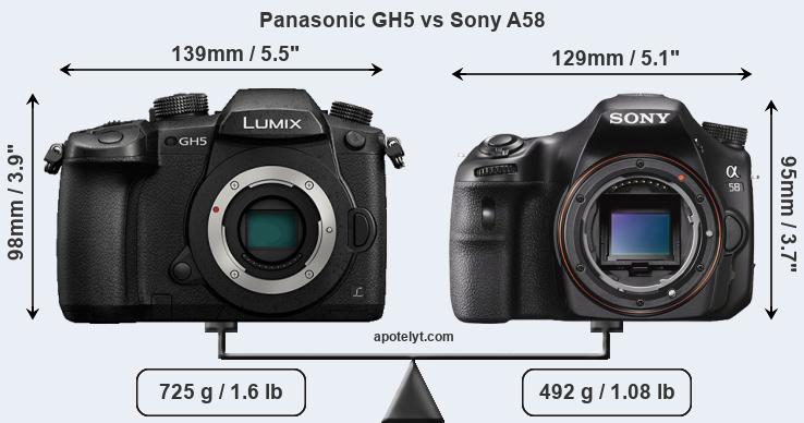 Size Panasonic GH5 vs Sony A58
