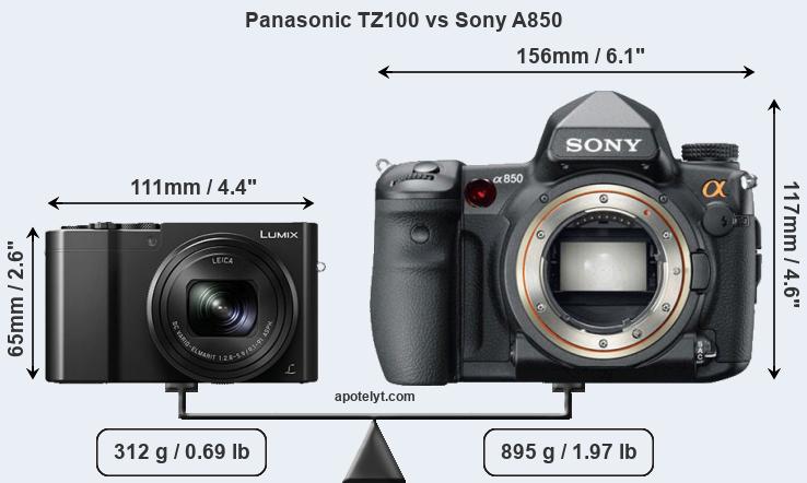 Size Panasonic TZ100 vs Sony A850