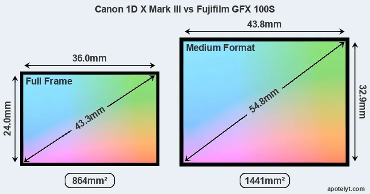 Canon 1D X Mark III and Fujifilm GFX 100S sensor measures
