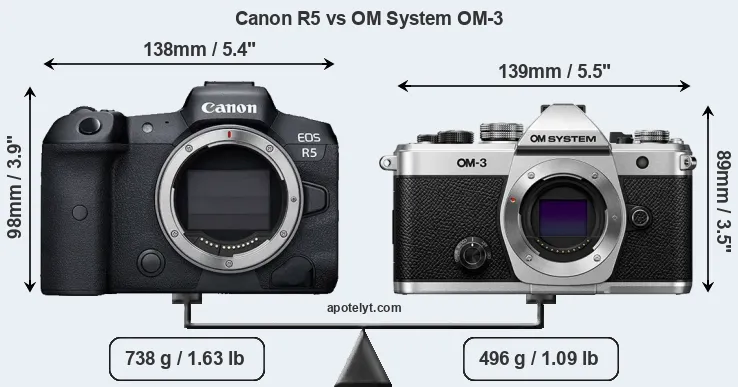 Size Canon R5 vs OM System OM-3