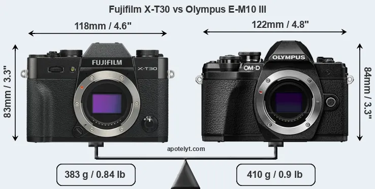Size Fujifilm X-T30 vs Olympus E-M10 III